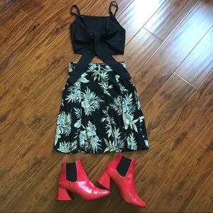 High Waisted Plant Print A Line Button Down Skirt